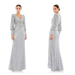 Mac Duggal 5501 NWT SEQUINED WRAP OVER BISHOP SLEEVE GOWN